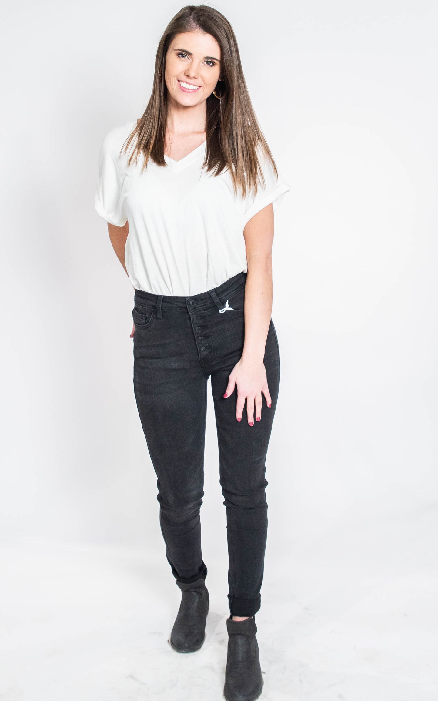  High Rise Button Up Black Skinny Jeans - Vervet, CLOTHING, Vervet, BAD HABIT BOUTIQUE 