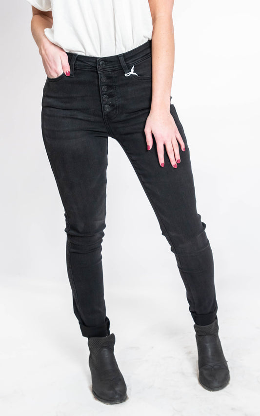  High Rise Button Up Black Skinny Jeans - Vervet, CLOTHING, Vervet, BAD HABIT BOUTIQUE 