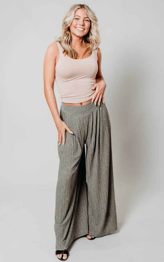 Olive Solid Ribbed Knit Palazzo Pants