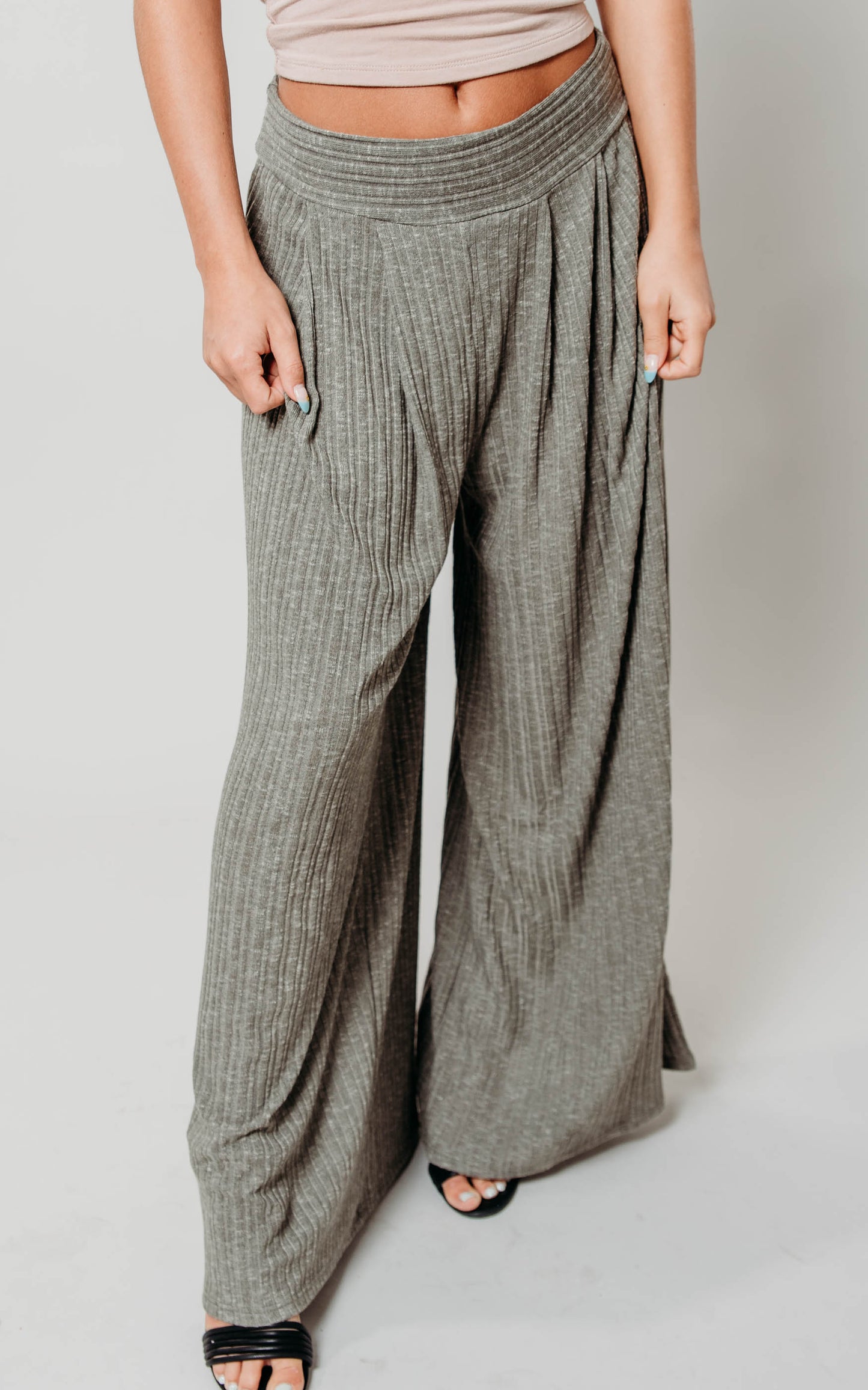 Olive Solid Ribbed Knit Palazzo Pants