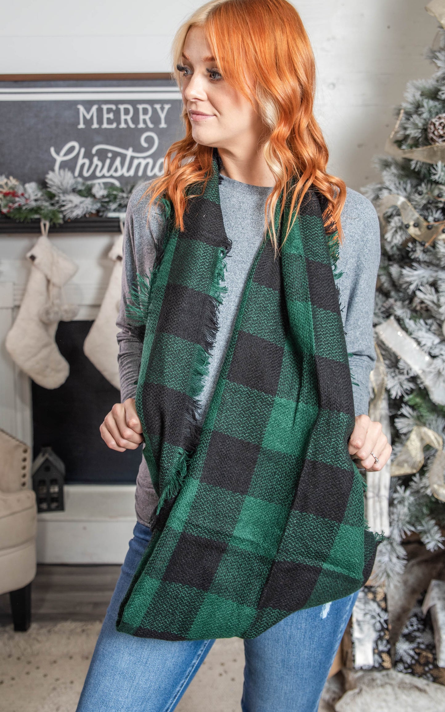 green plaid infinity scarf