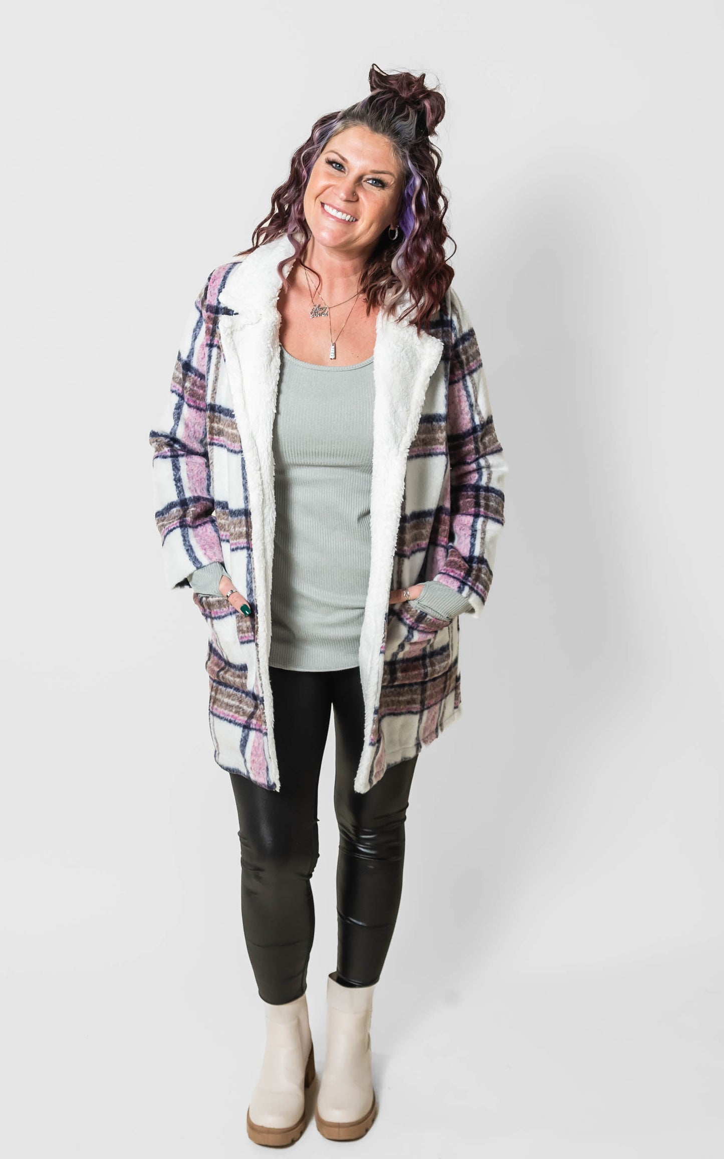 Faux Fur Collar Plaid Shacket Jacket