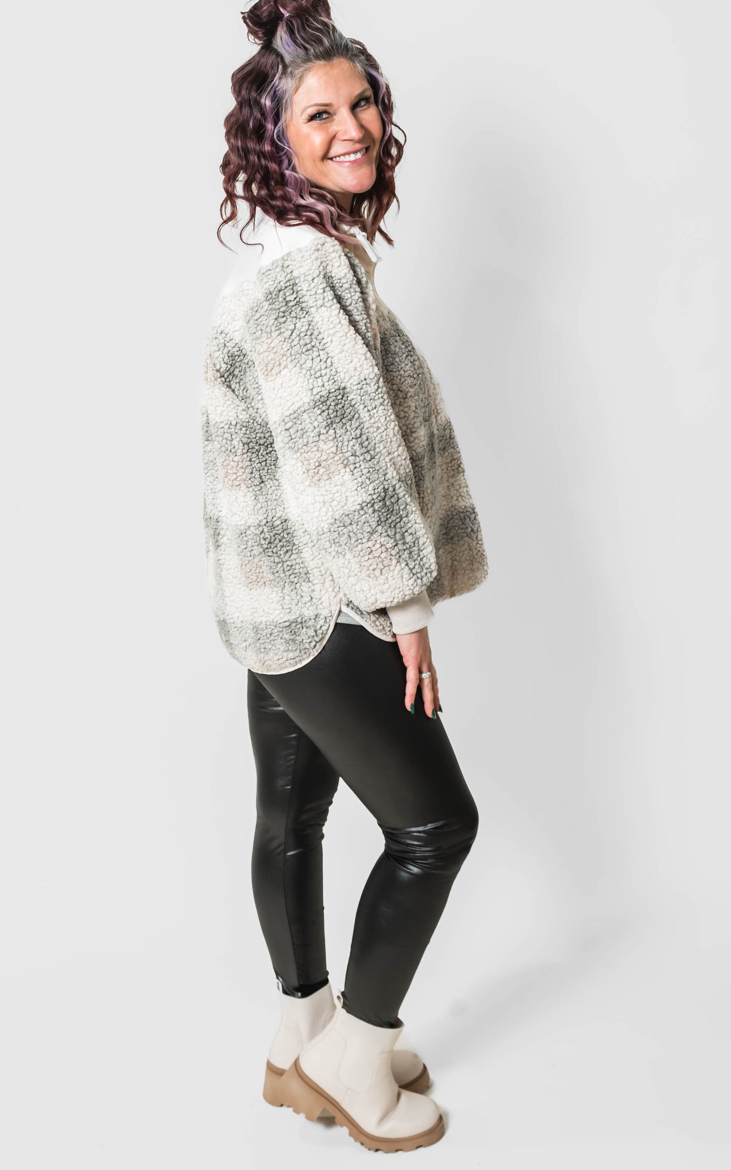 Grey Plaid Sherpa Pullover