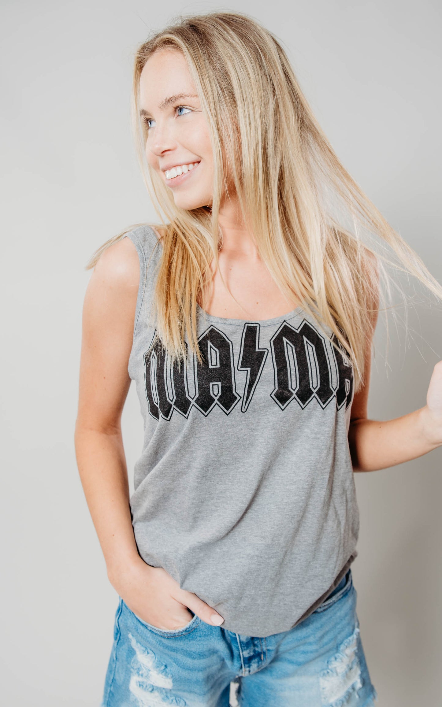 Lightning Bolt MaMa Slouchy Tank Top - Grey** - Final Sale