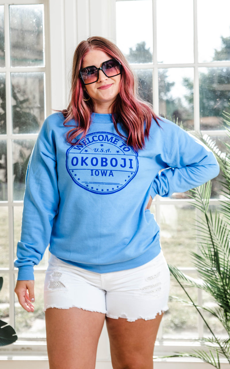 blue welcome to okoboji sweatshirt 