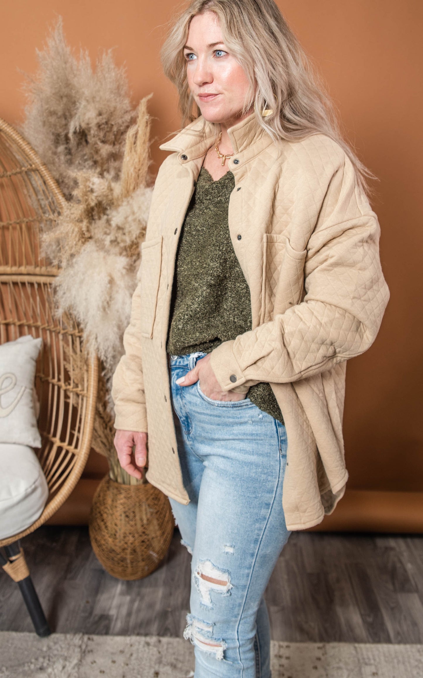 beige quilted jacket 