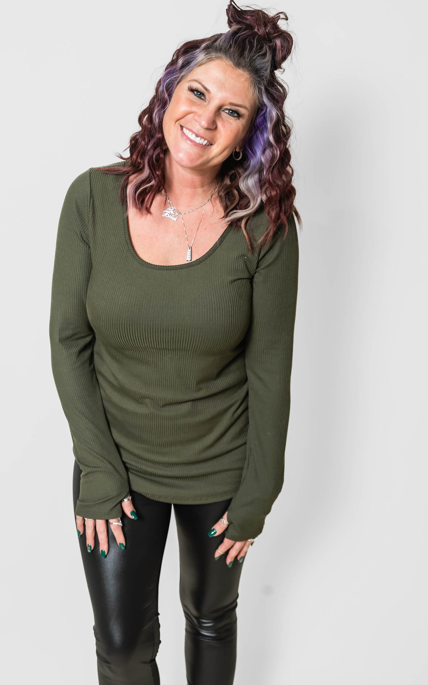 Green Ribbed Top w/ Thumbholes