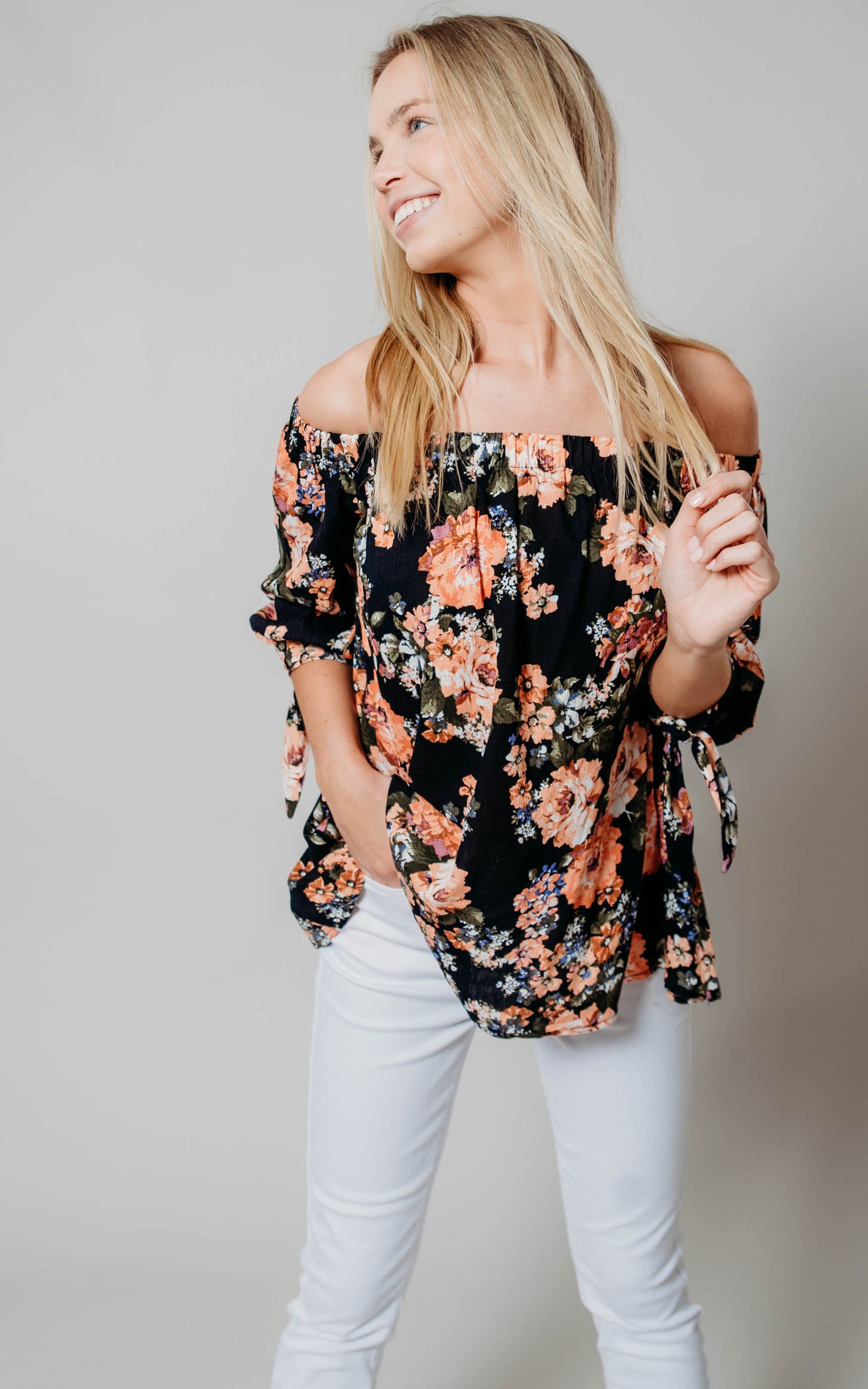 black off the shoulder floral top 