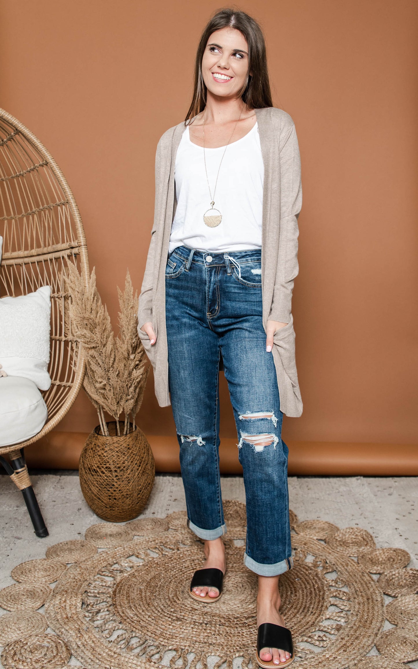 Long Boyfriend Cardigan - Cielo Neutral Colors