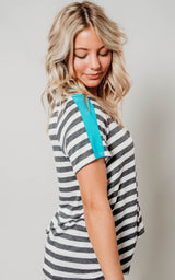 teal short sleeve striped tops