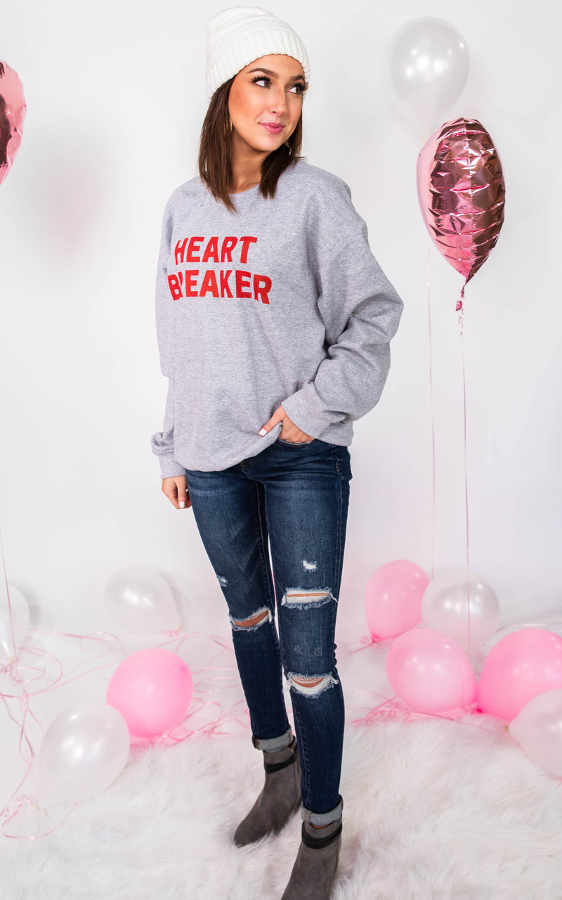  Heart Breaker Sweatshirt- Gray, CLOTHING, BAD HABIT APPAREL, BAD HABIT BOUTIQUE 