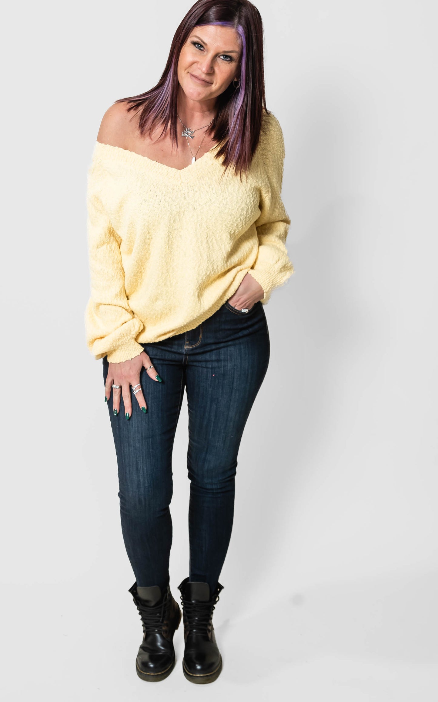 V-Neck Popcorn Sweater- Heyson