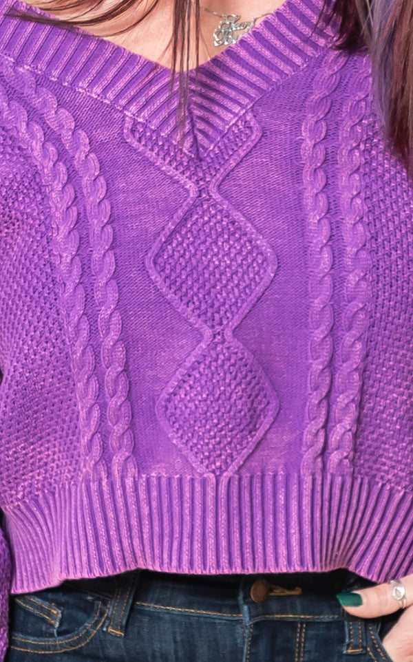 royal purple Vintage V-Neck Cable Knit Sweater - POL
