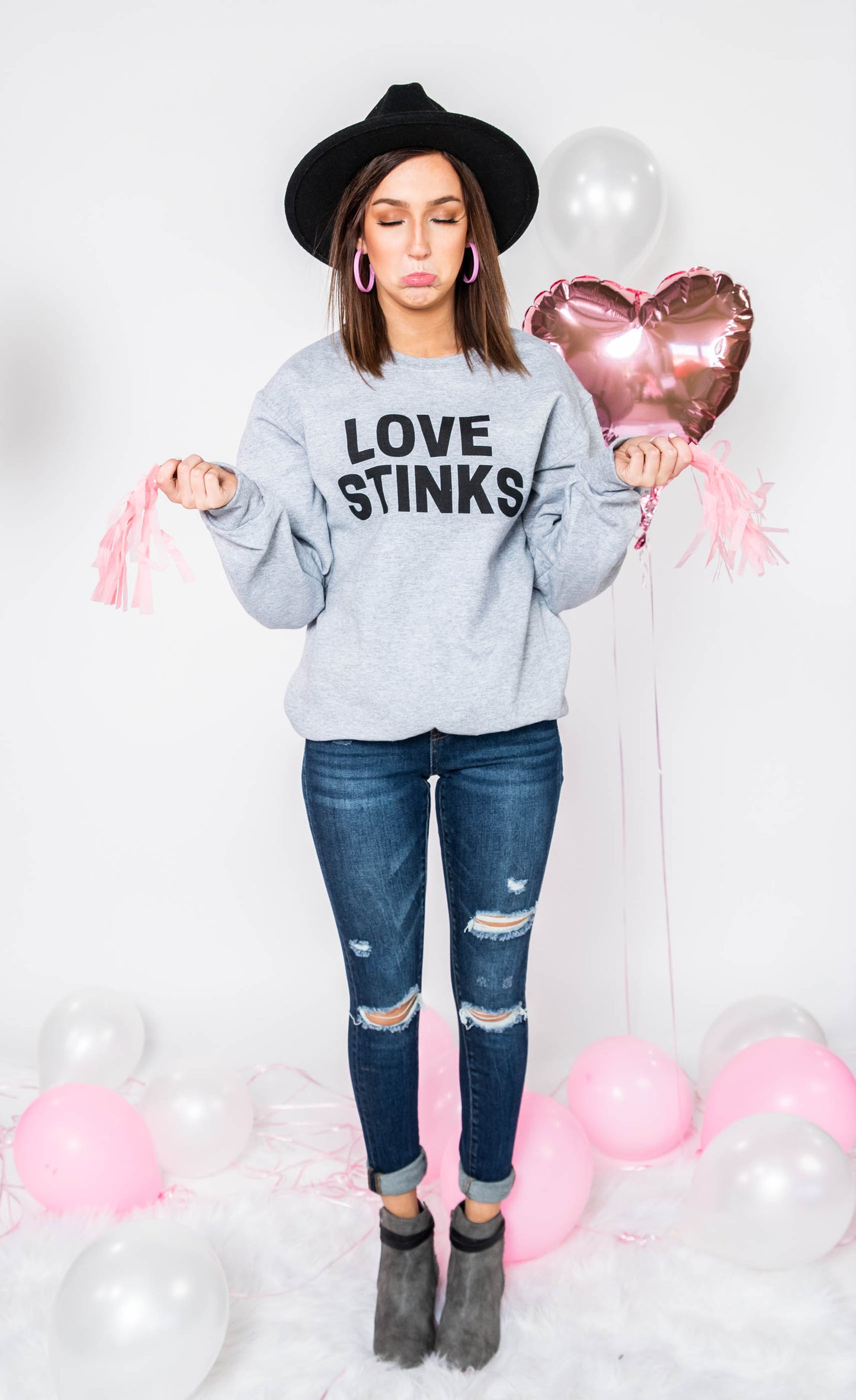  Love Stinks Sweatshirt- Gray, CLOTHING, BAD HABIT APPAREL, BAD HABIT BOUTIQUE 