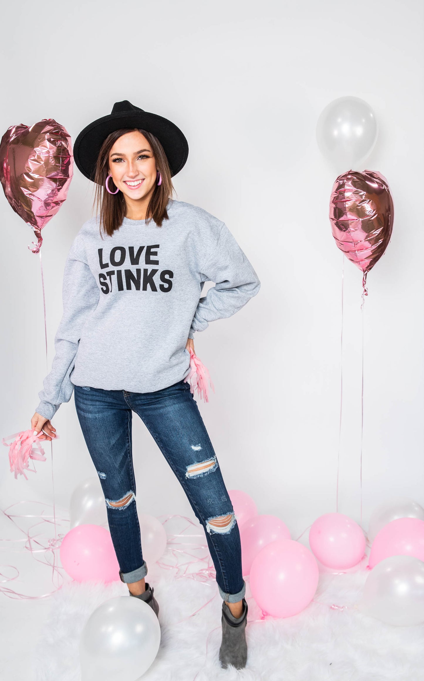  Love Stinks Sweatshirt- Gray, CLOTHING, BAD HABIT APPAREL, BAD HABIT BOUTIQUE 