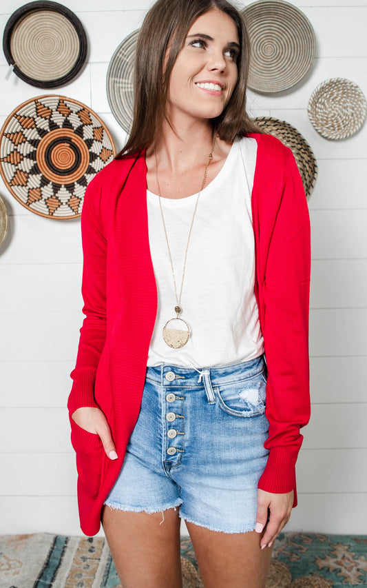 red boyfriend cardigan