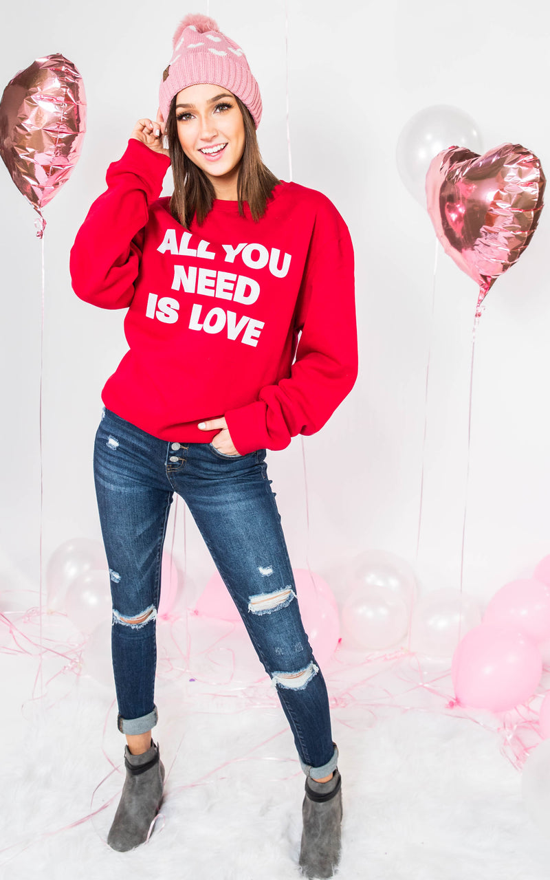  All You Need is Love Sweatshirt-Red, CLOTHING, BAD HABIT APPAREL, BAD HABIT BOUTIQUE 