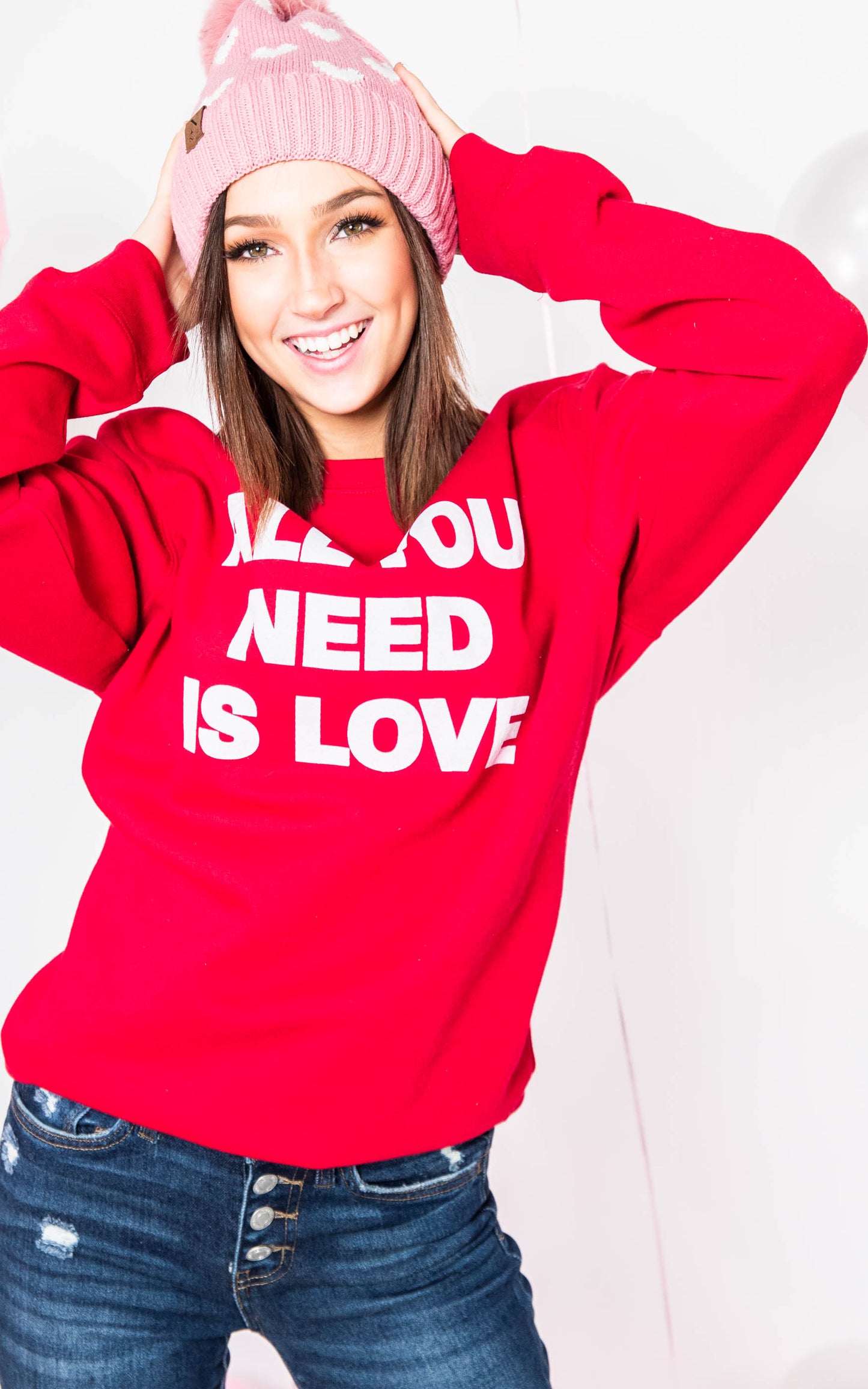  All You Need is Love Sweatshirt-Red, CLOTHING, BAD HABIT APPAREL, BAD HABIT BOUTIQUE 