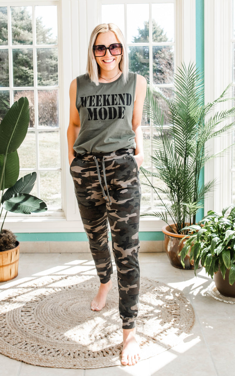 Weekend Mode Muscle Tank Top -Olive - BAD HABIT BOUTIQUE 