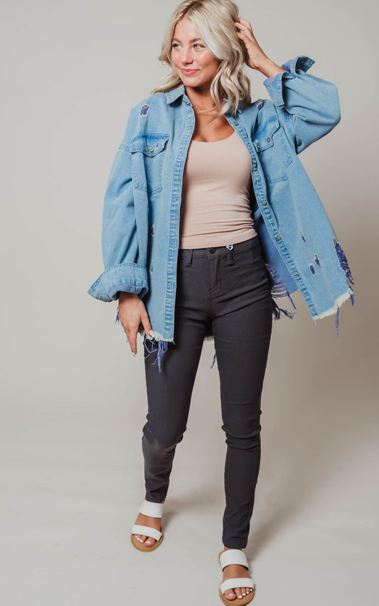 denim distressed shacket 