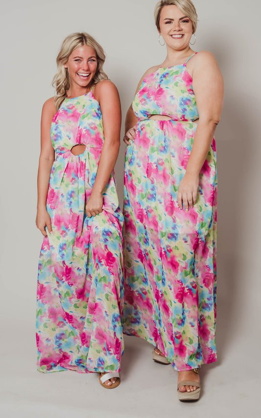 floral cut out maxi dress