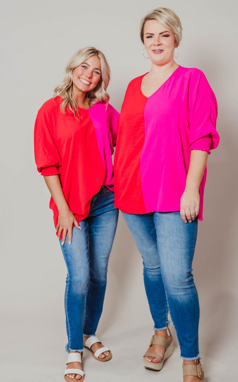 pink red colorblock blouse 