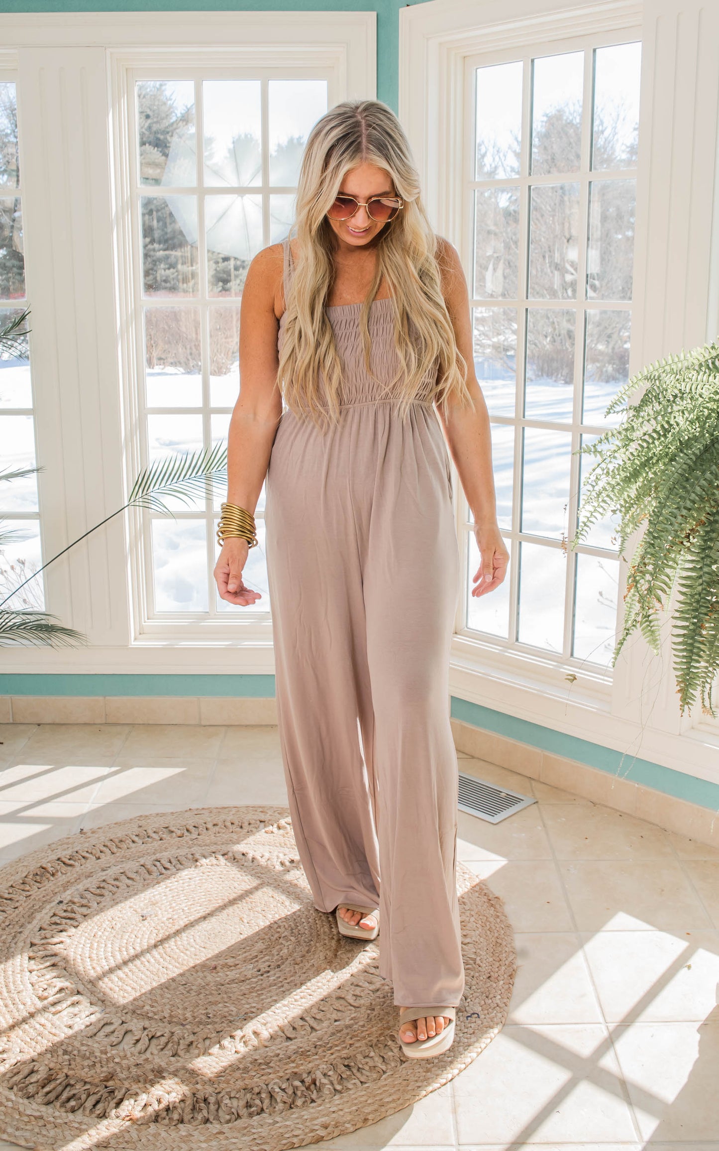 Ash Mocha Smocked Jumpsuit with Pockets