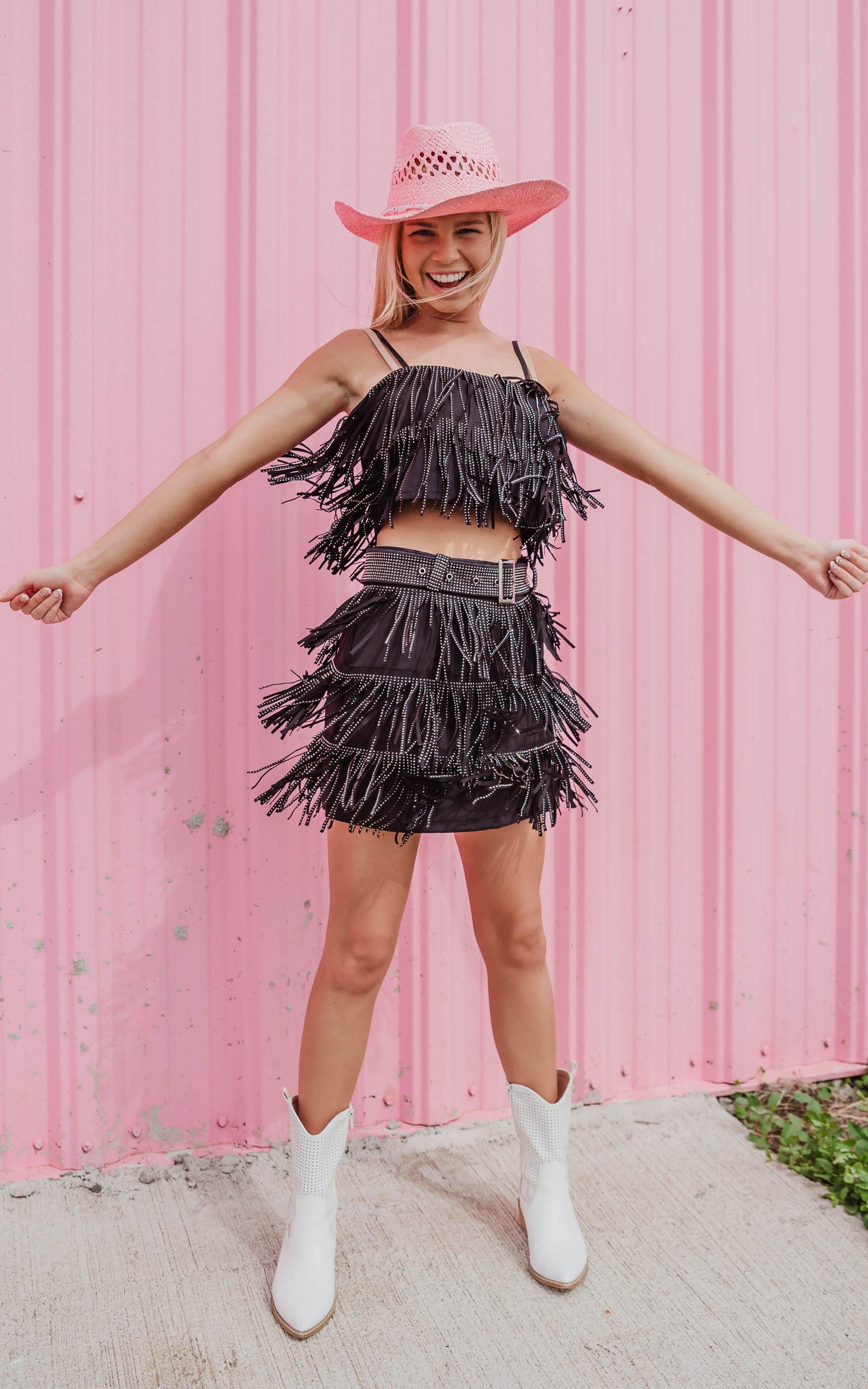 fringe skirt crop top set 