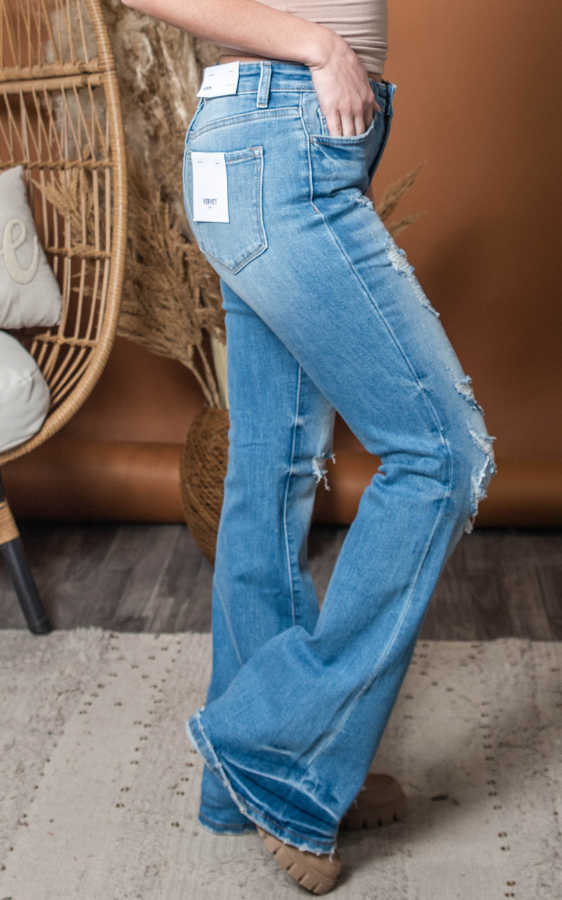 Alison Distressed Mid Rise Flare Jeans - Vervet - Final Sale