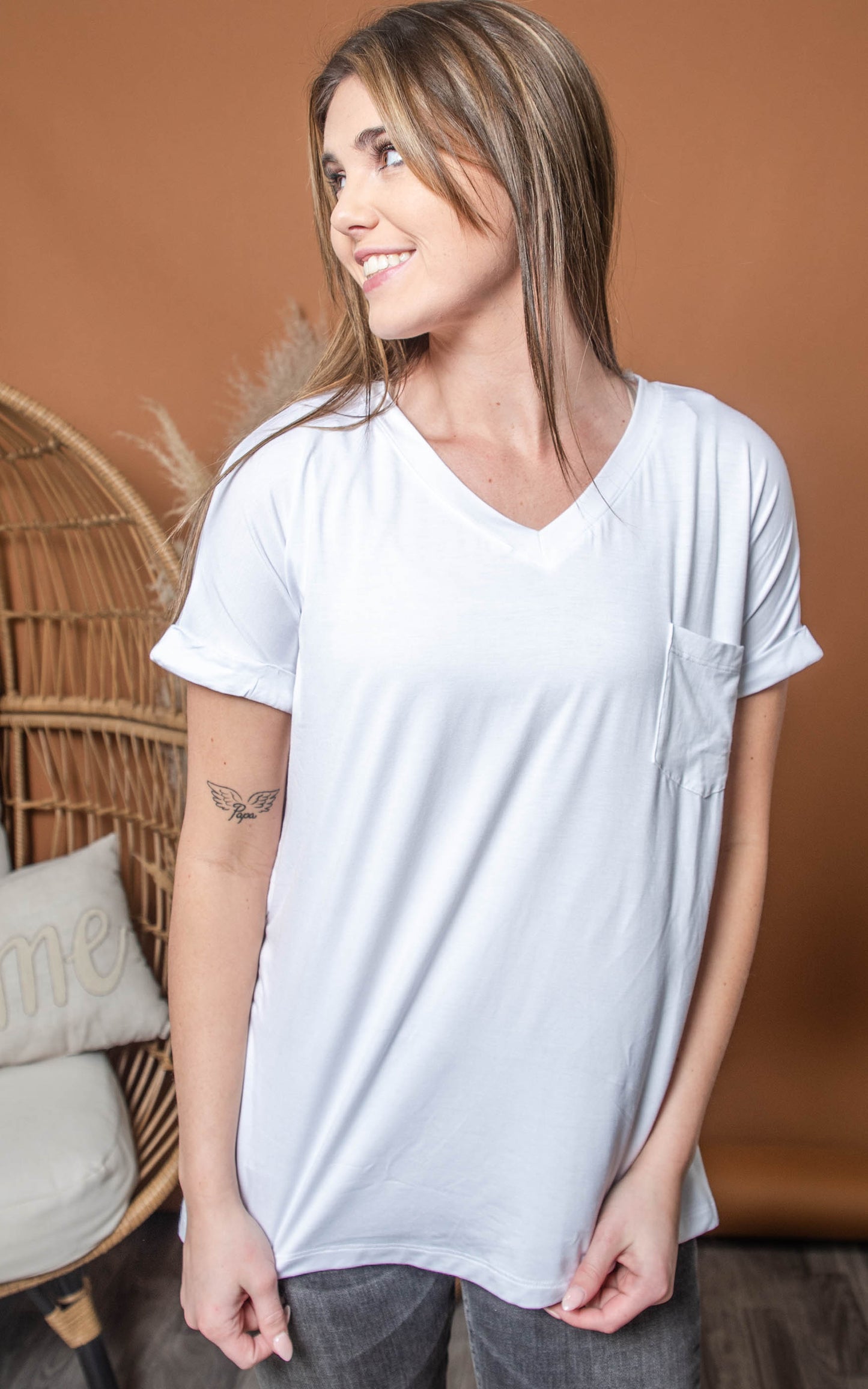 V Neckline Short Sleeve Hi Low Hem Top - Rae Mode Final Sale