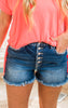 Frayed Hem Button Fly Denim Shorts - Dark Wash