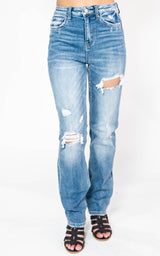  High Rise Distressed Straight Denim Jeans - Vervet, CLOTHING, Vervet, BAD HABIT BOUTIQUE 