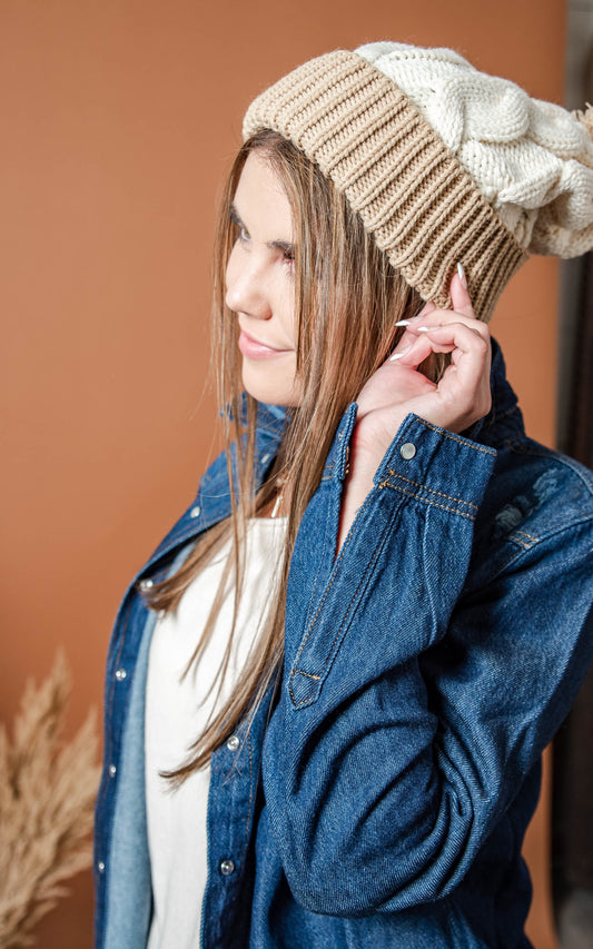 Cream Pom Pom  Stocking Hat