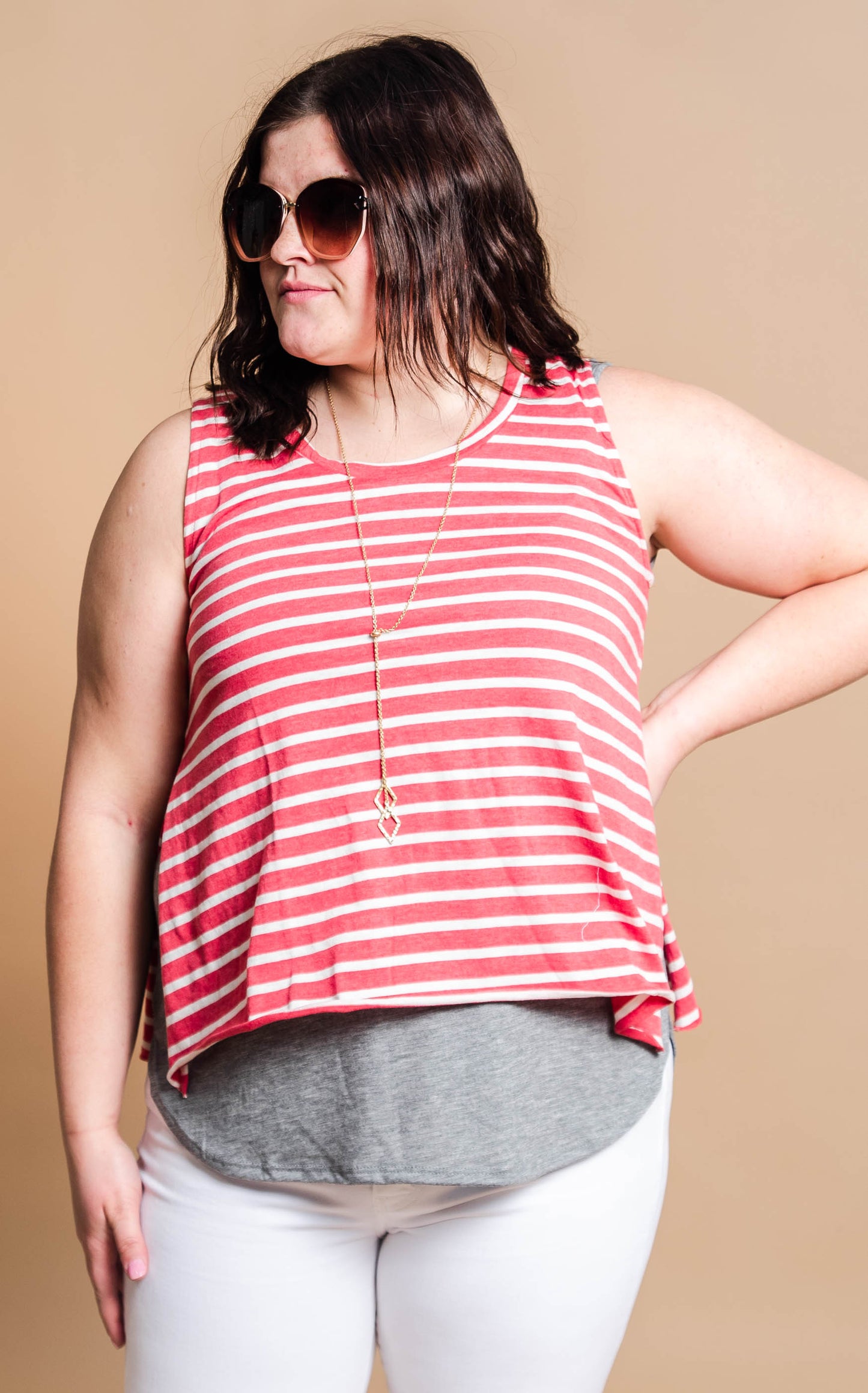 coral white stripe side slit tank 