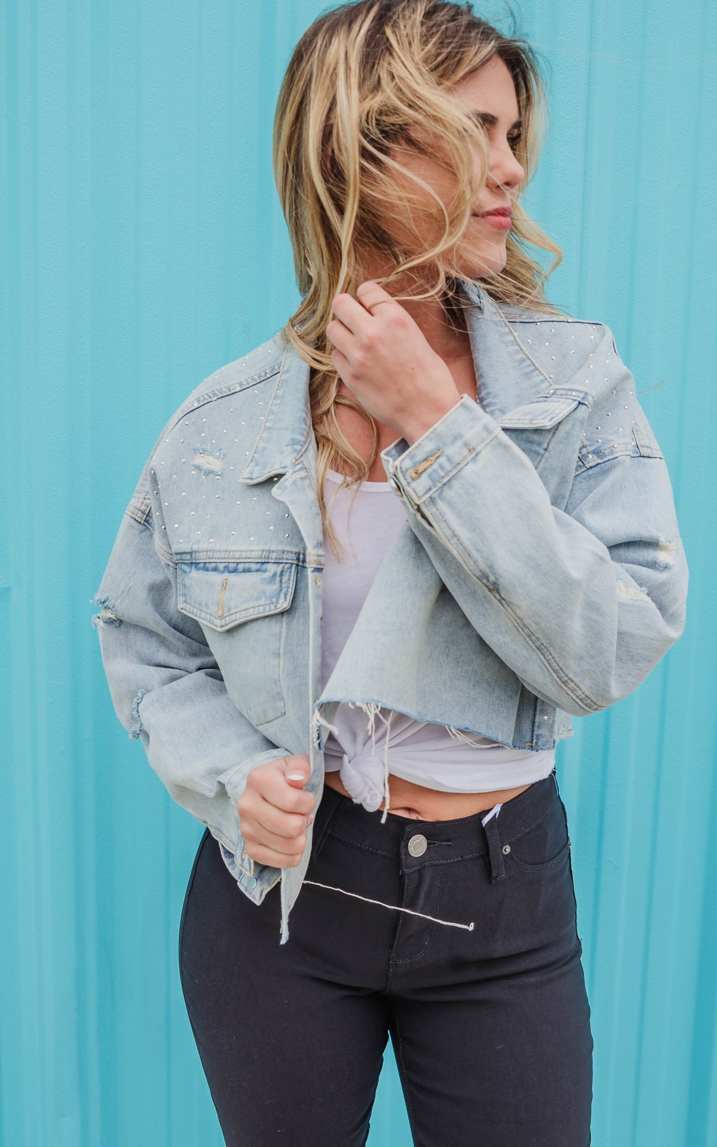 Cropped Denim Jacket with rhinestones