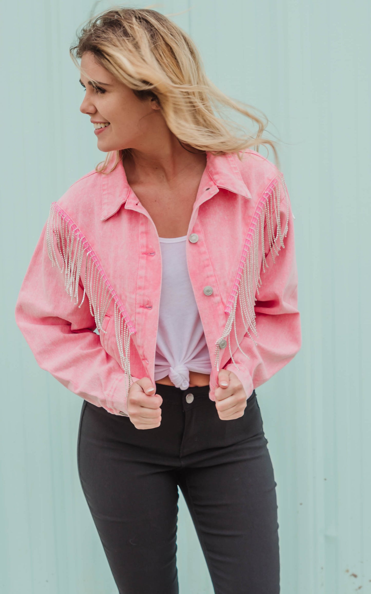 Pink Chevron Rhinestone Fringe Denim Jacket