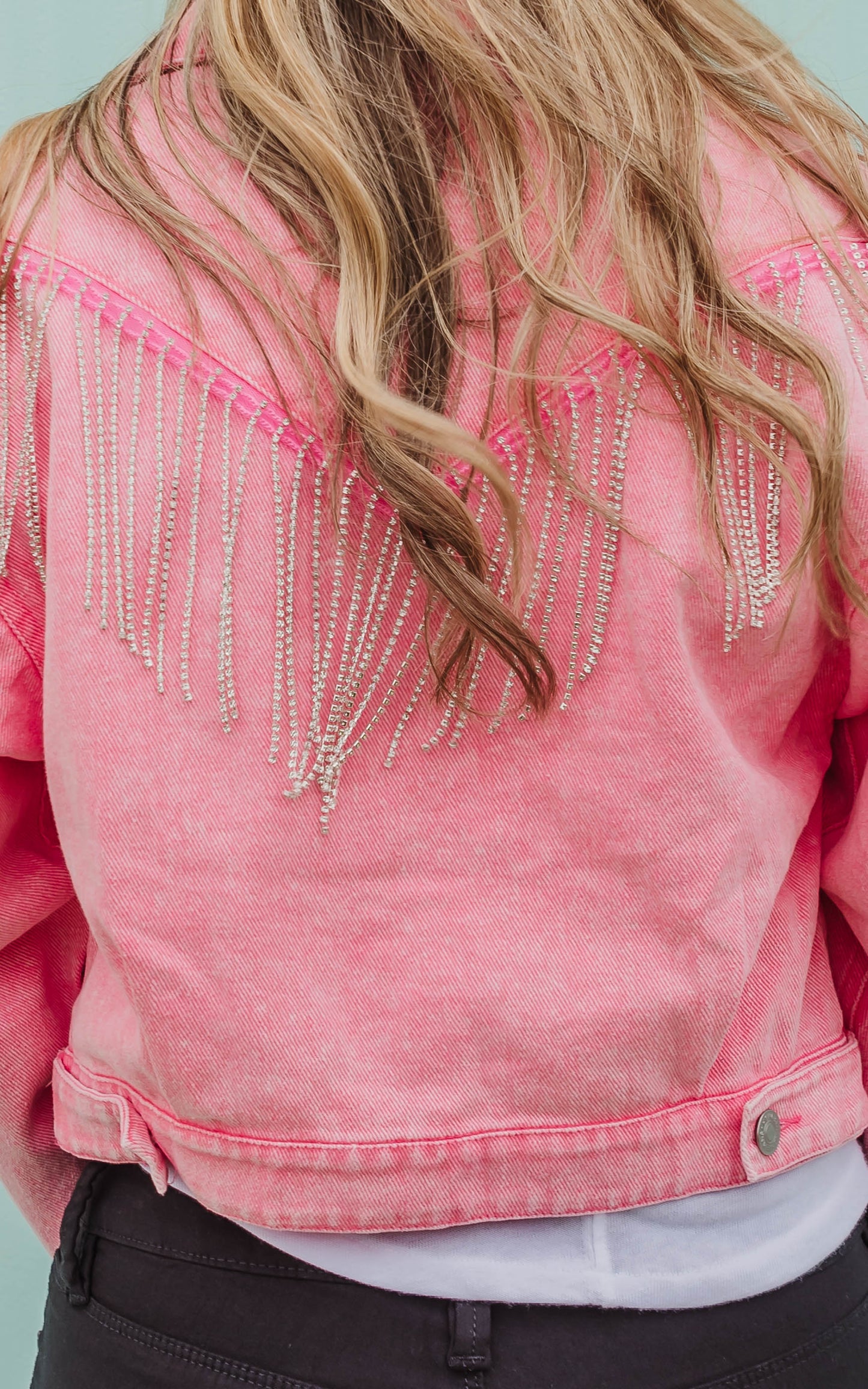 Pink Chevron Rhinestone Fringe Denim Jacket