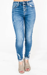  Med Wash Button Fly High Rise Skinny Jeans - Vervet, CLOTHING, Vervet, BAD HABIT BOUTIQUE 