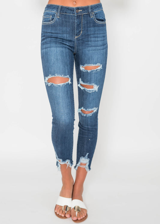  Mid Rise Dark Wash Destroyed Crop Skinny - CELLO, CLOTHING, CELLO JEANS, BAD HABIT BOUTIQUE 