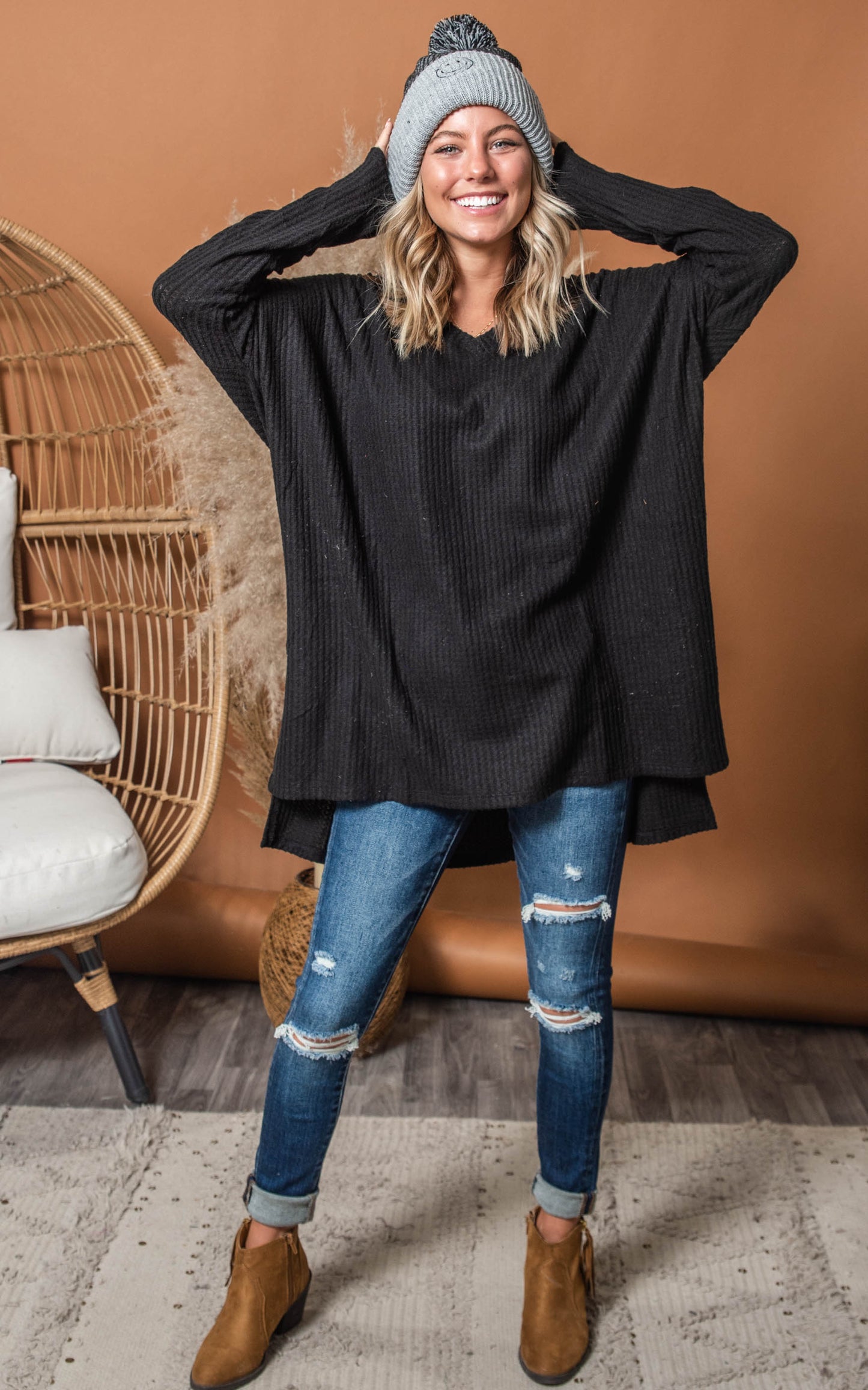 black textured waffle tunic 