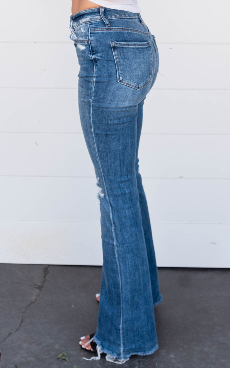 High Rise Button Fly Distressed Flare Jeans - Vervet