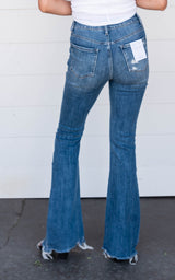 High Rise Button Fly Distressed Flare Jeans - Vervet