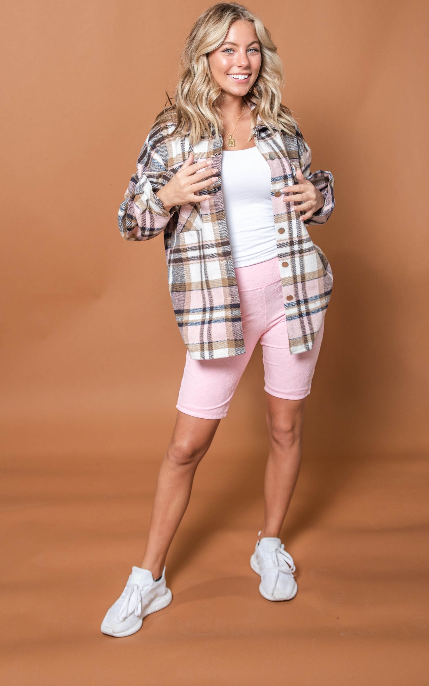 pink brown taupe plaid jacket 