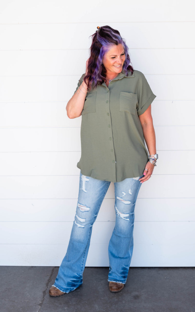 olive button down blouse
