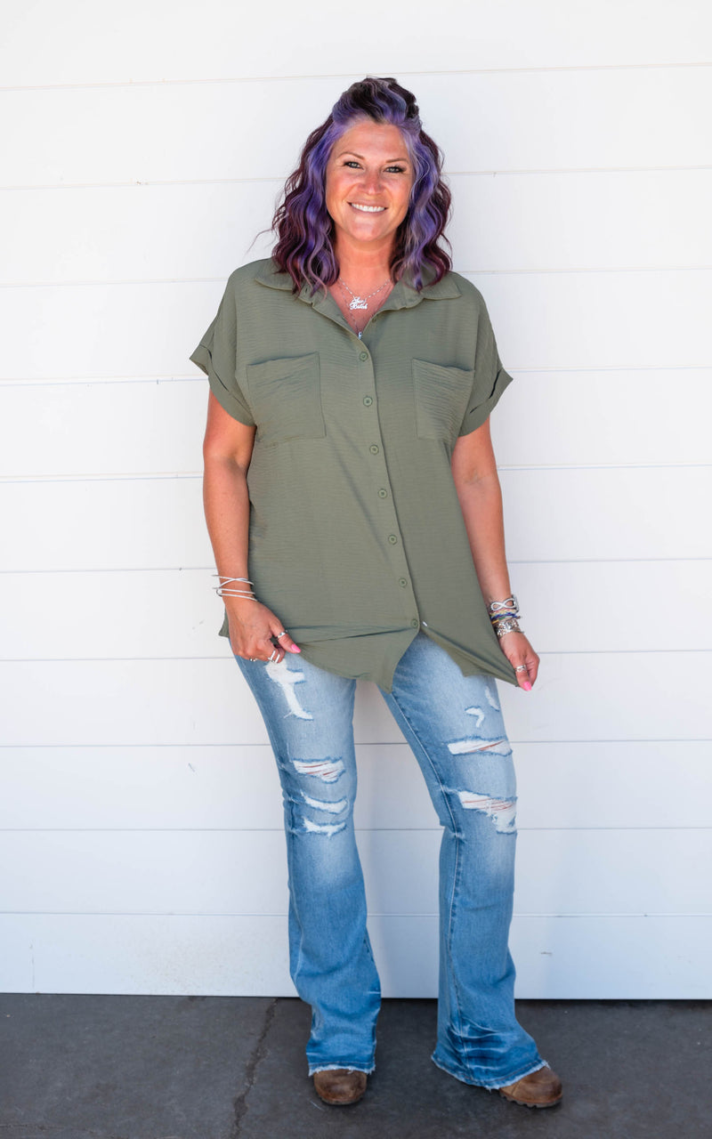 olive button down blouse 