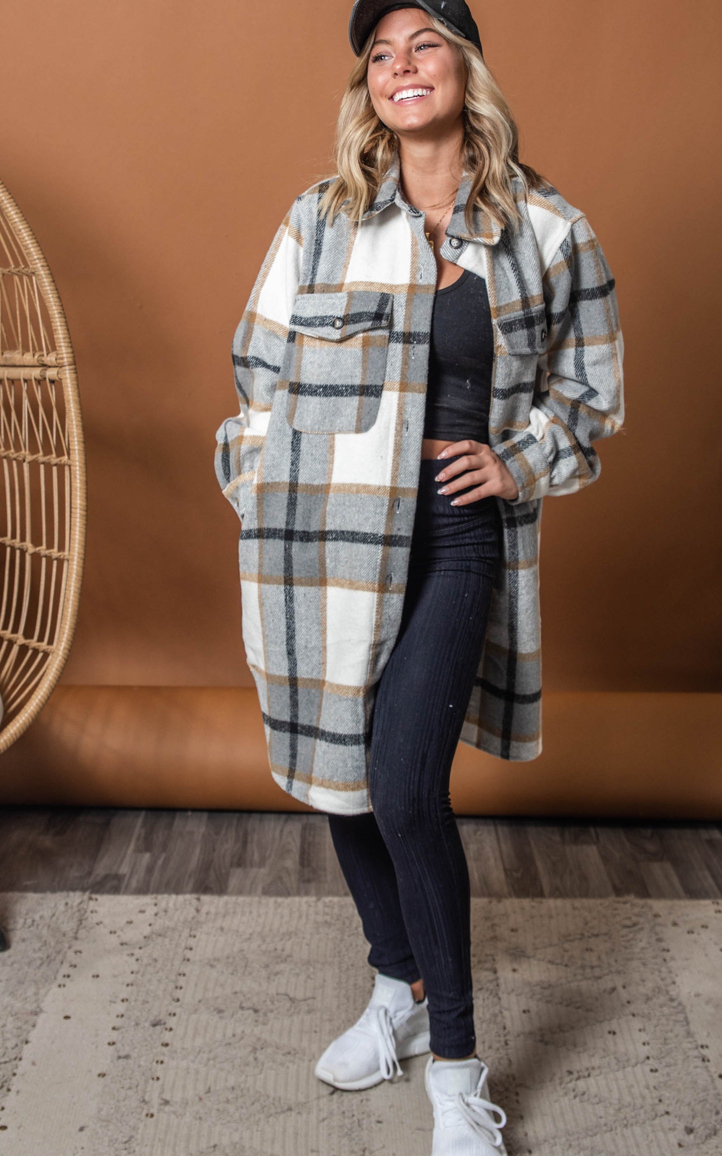 grey plaid duster shacket 