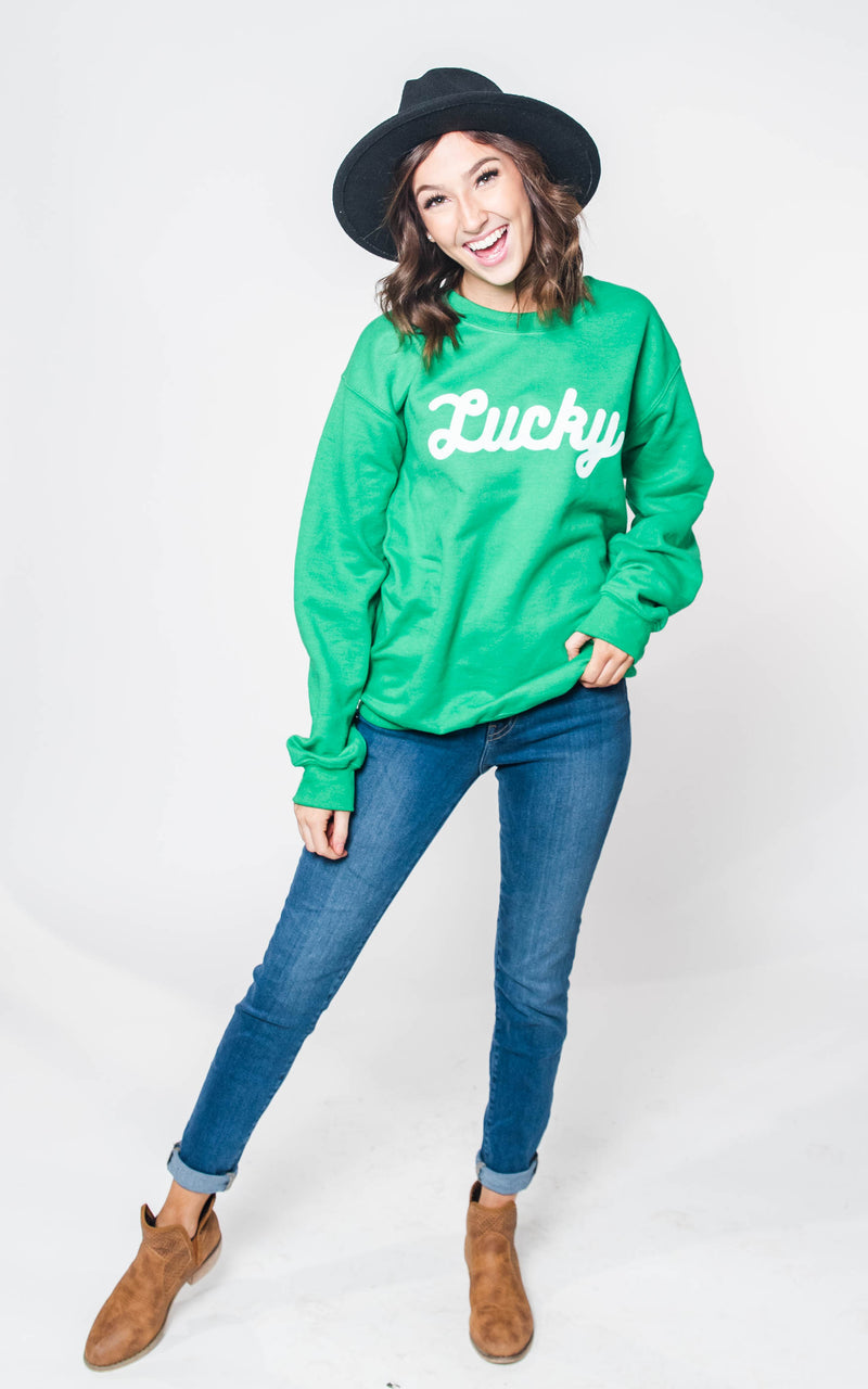  LUCKY Irish Green Crewneck Sweatshirt, CLOTHING, BAD HABIT APPAREL, BAD HABIT BOUTIQUE 