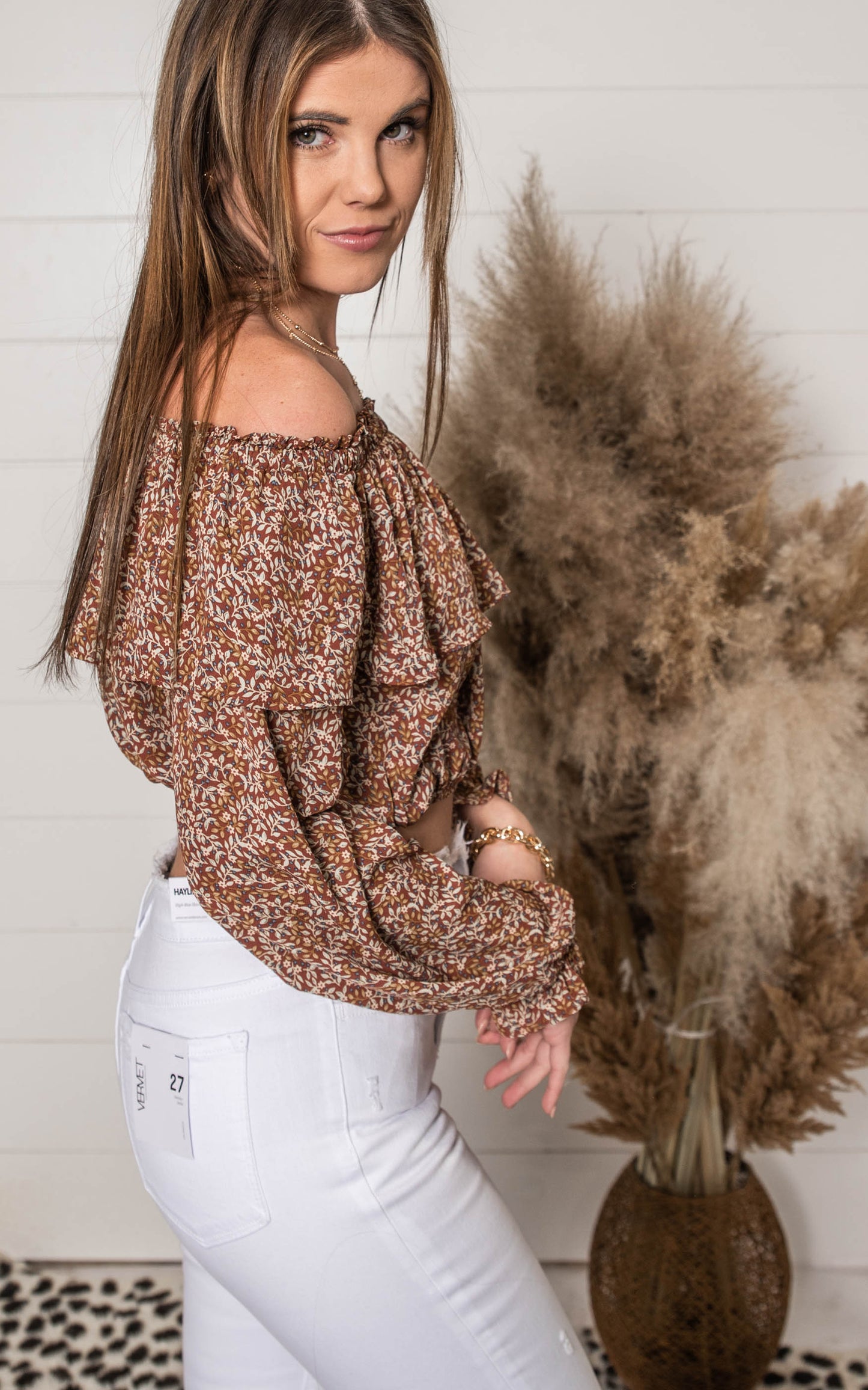 Off the Shoulder Floral Ruffle Crop Top - Final Sale