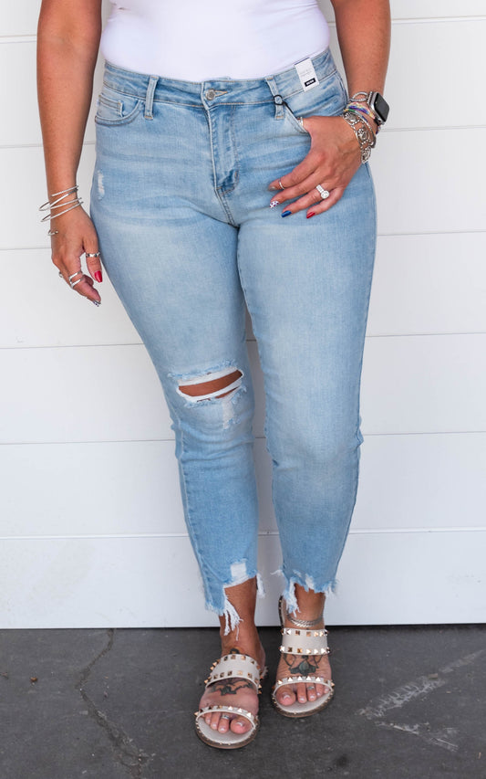 Mid Rise Distressed Hem Boyfriend Jeans- Judy Blue - Final Sale