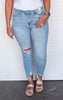 Mid Rise Distressed Hem Boyfriend Jeans- Judy Blue - Final Sale